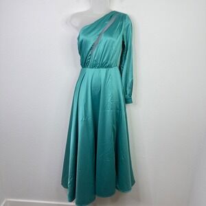 Alamour‎ Dress Womens XS Teal Satin One Shoulder Long Sleeve Formal Evening Gown